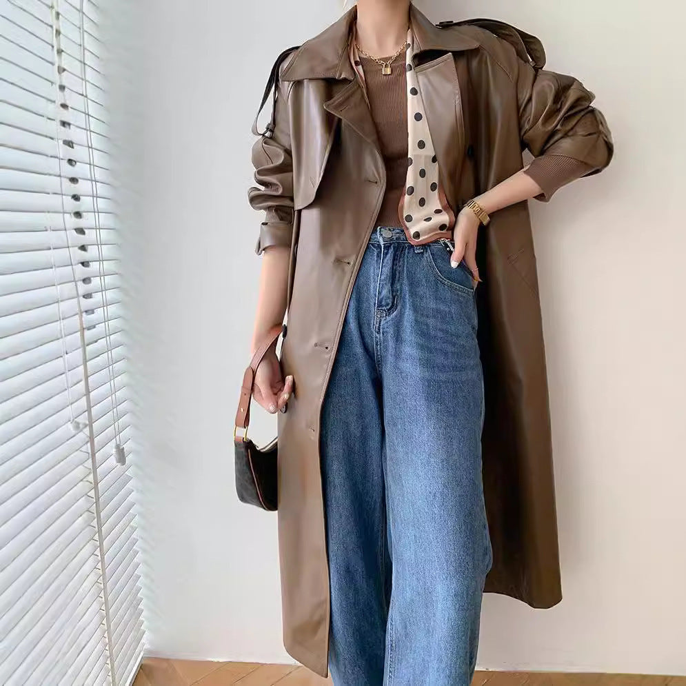 Retro Women’s Mid-length Waist Slimming Pu Coat