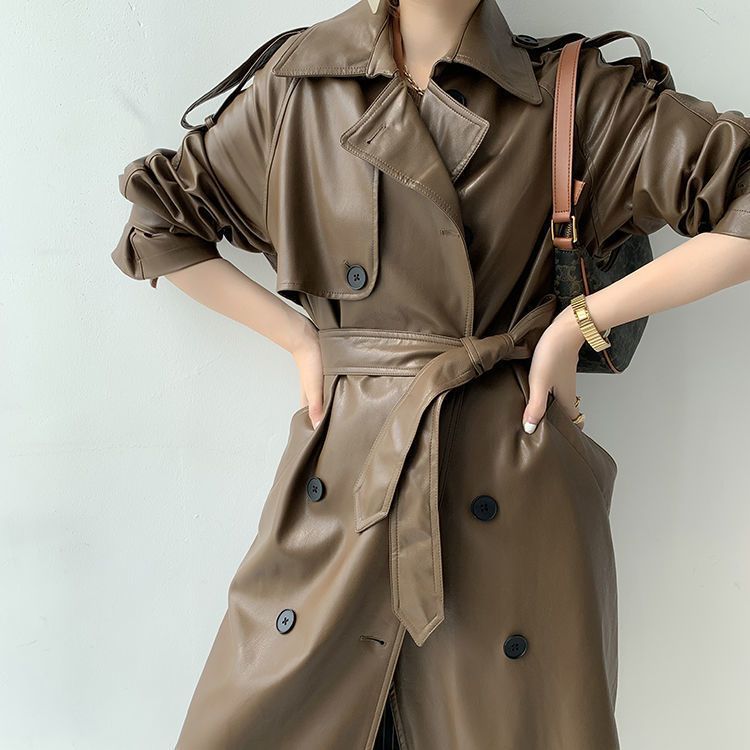 Retro Women’s Mid-length Waist Slimming Pu Coat