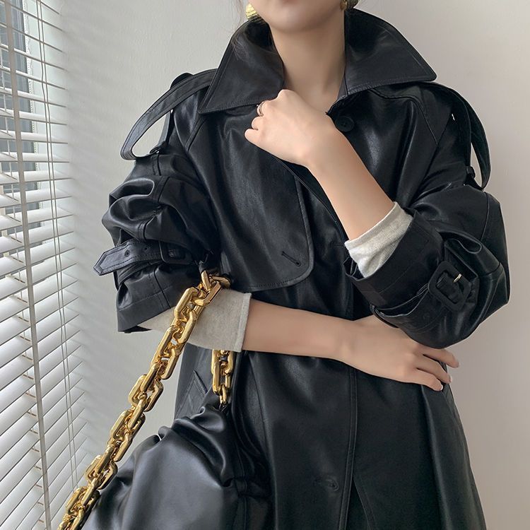 Retro Women’s Mid-length Waist Slimming Pu Coat