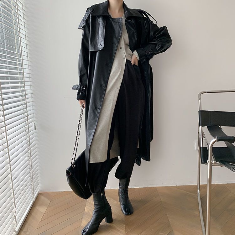 Retro Women’s Mid-length Waist Slimming Pu Coat
