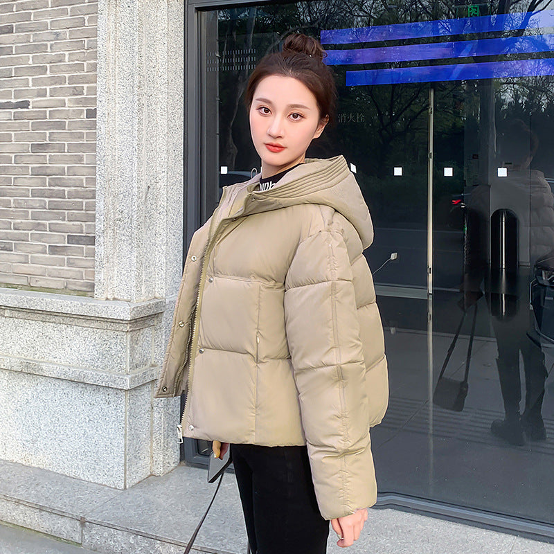 Women’s Simple Casual Hooded Short Down Jacket - Khaki / M