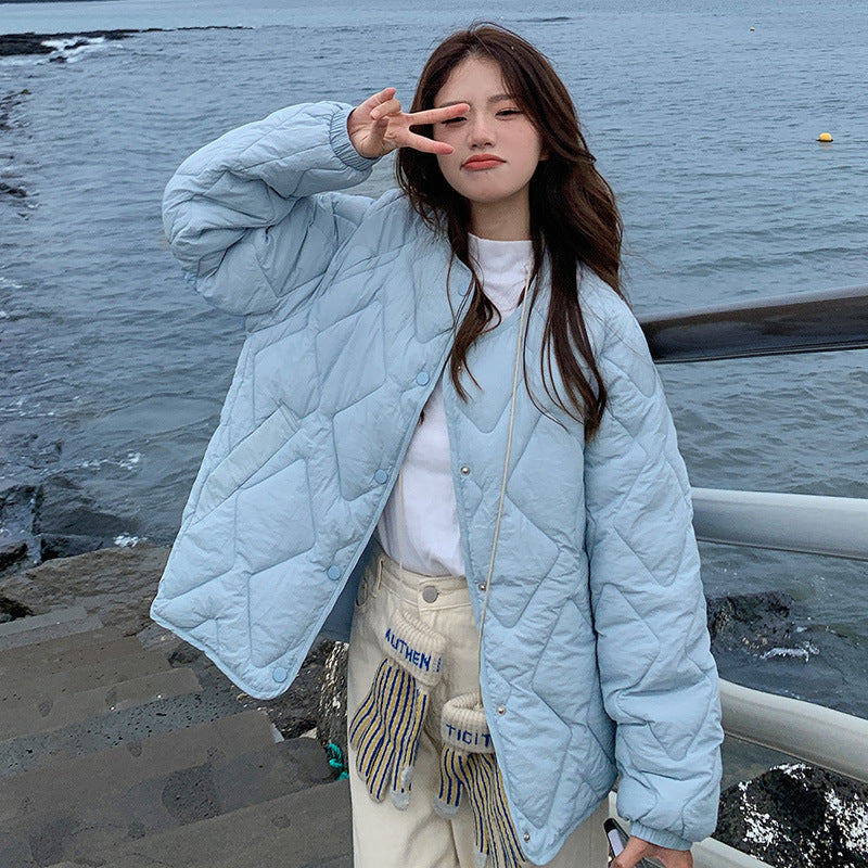 Korean Style Down Cotton Jacket Women’s Short Light Round Neck