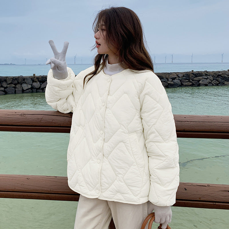 Korean Style Down Cotton Jacket Women’s Short Light Round Neck - Beige / S