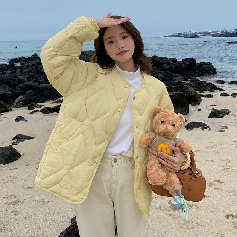 Korean Style Down Cotton Jacket Women’s Short Light Round Neck - Yellow / S