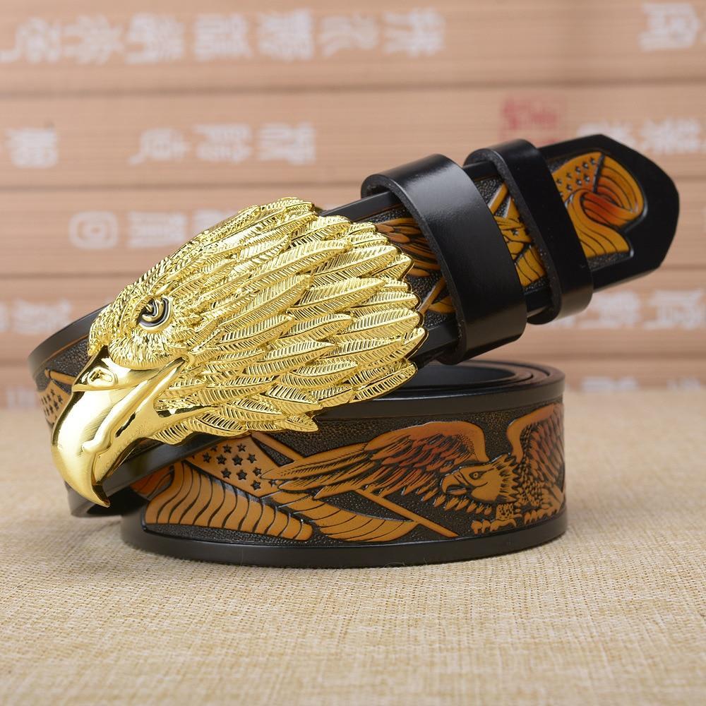 Personalized Eagle Head Buckle Men’s Belt - Gold buckle black / 110CM