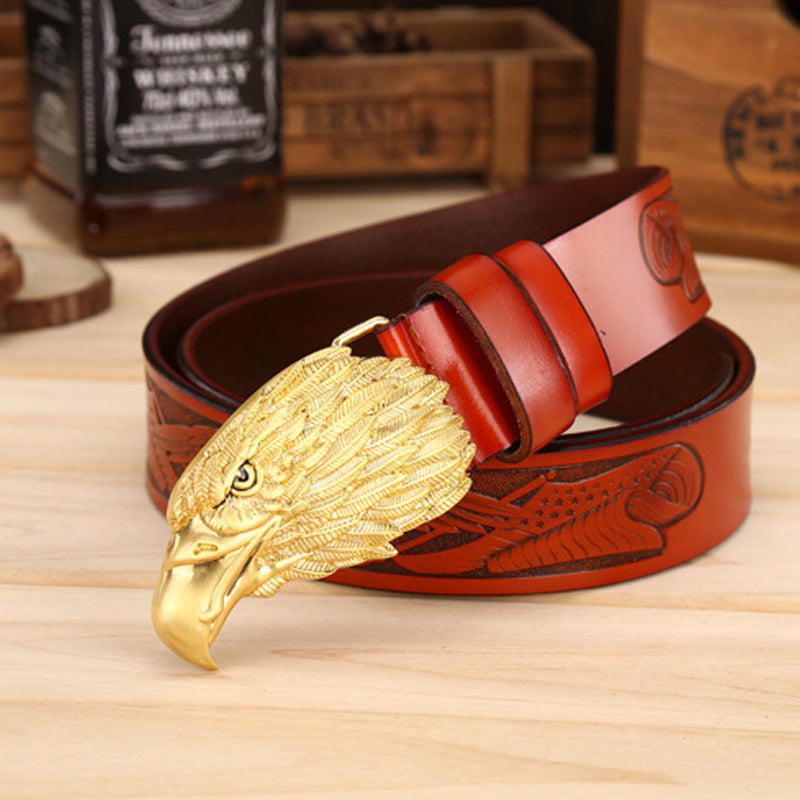 Personalized Eagle Head Buckle Men’s Belt - Gold buckle brown / 110CM