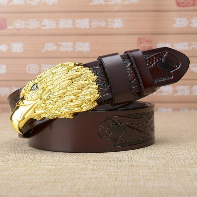 Personalized Eagle Head Buckle Men’s Belt - Gold button coffee / 110CM