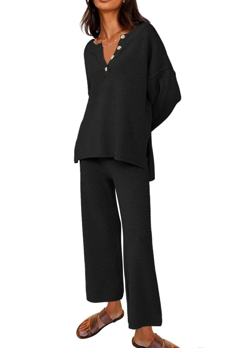 Women’s Clothing Solid Color Fashion Loose Leisure Suit Two Pieces - Black / S