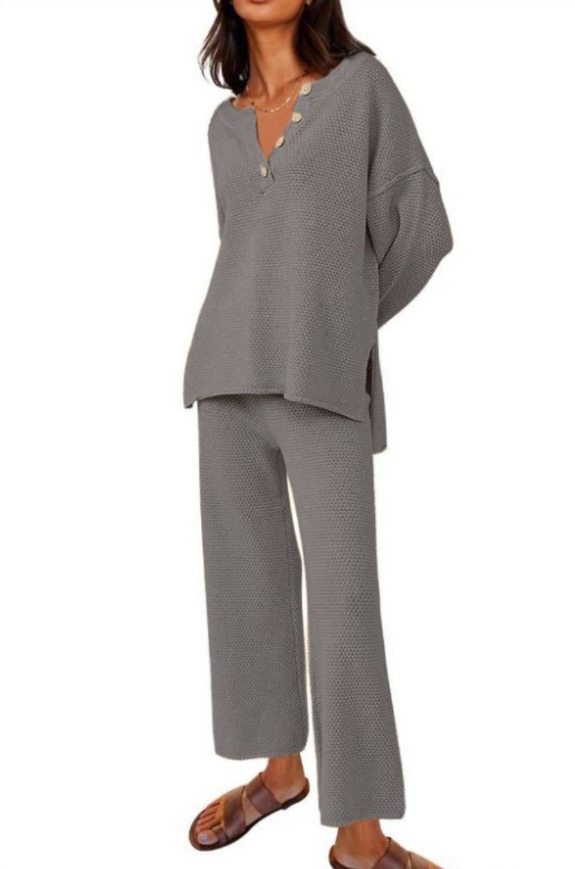Women’s Clothing Solid Color Fashion Loose Leisure Suit Two Pieces - Dark Gray / S