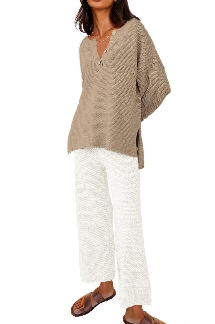 Women’s Clothing Solid Color Fashion Loose Leisure Suit Two Pieces - Khaki Plus White / S