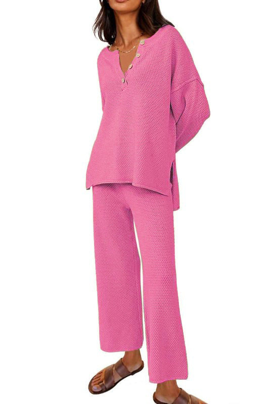 Women’s Clothing Solid Color Fashion Loose Leisure Suit Two Pieces - Rose Red / S