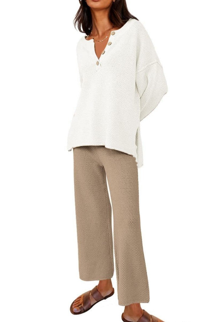 Women’s Clothing Solid Color Fashion Loose Leisure Suit Two Pieces - White Plus Khaki / S