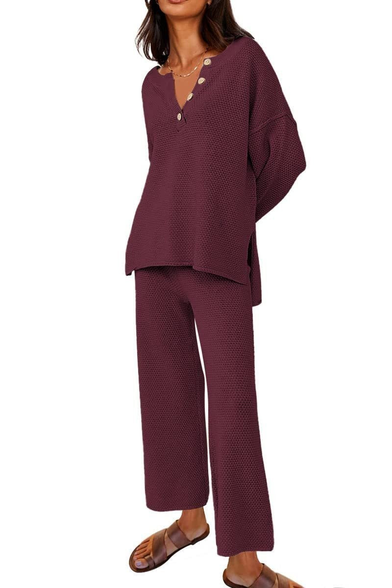 Women’s Clothing Solid Color Fashion Loose Leisure Suit Two Pieces - Wine Red / S