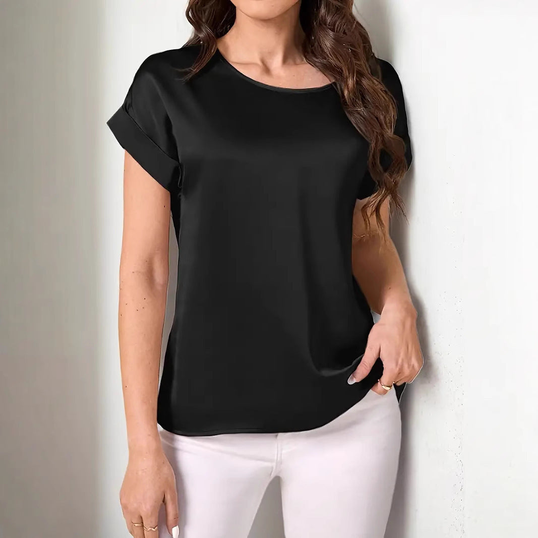 Round Neck Solid Color Smooth Surface Short Sleeve Loose - Black / 1XL