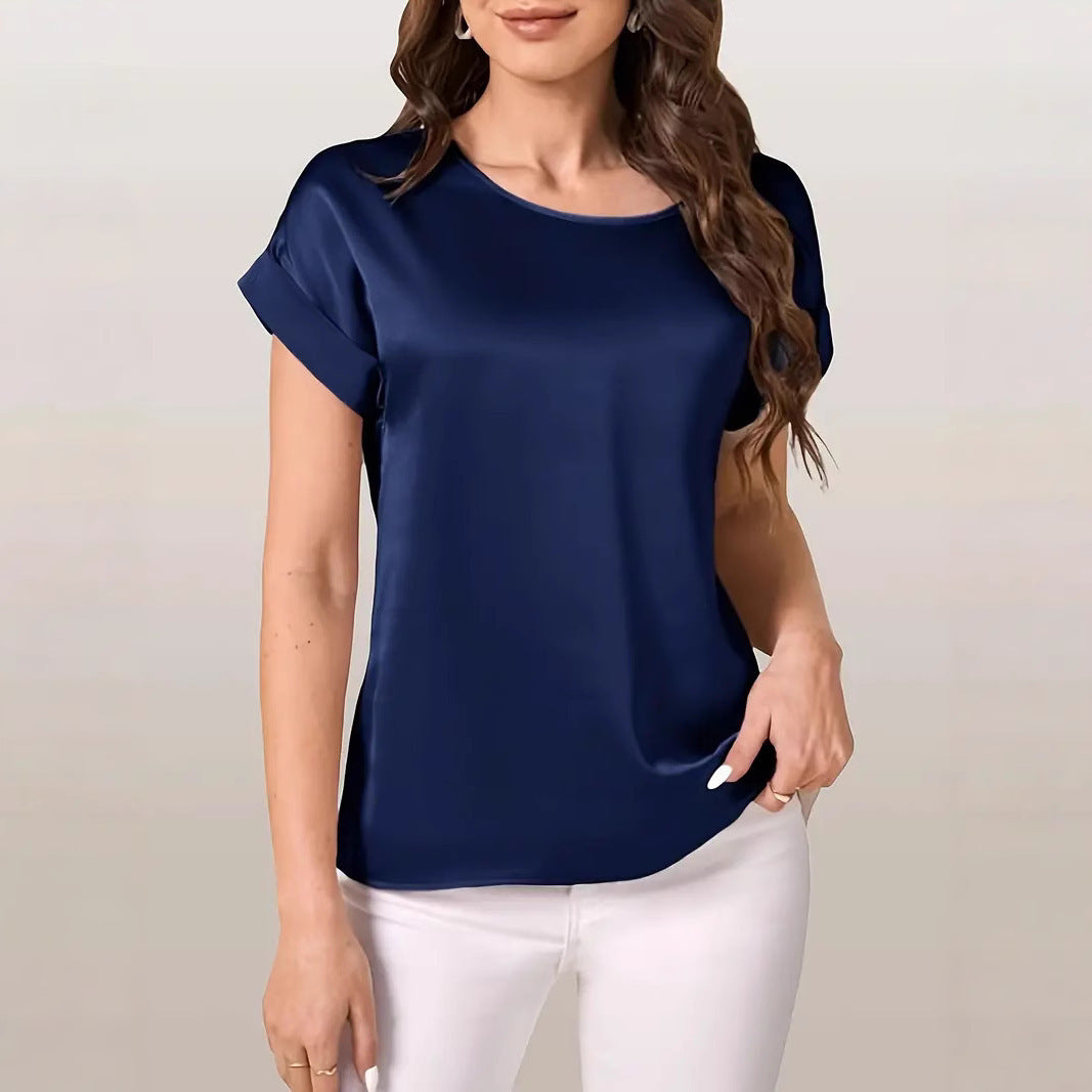 Round Neck Solid Color Smooth Surface Short Sleeve Loose - Navy Blue / 1XL