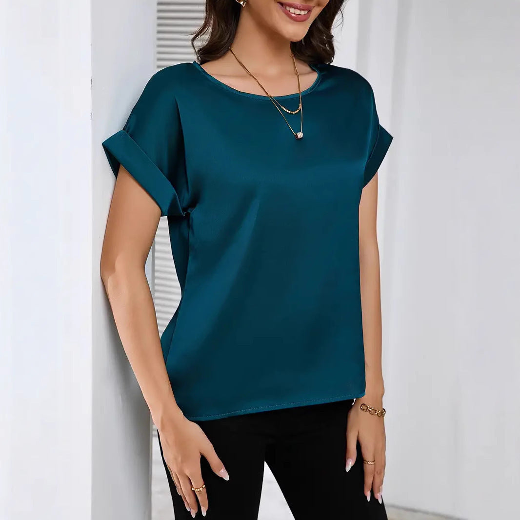 Round Neck Solid Color Smooth Surface Short Sleeve Loose - Peacock Green / 1XL