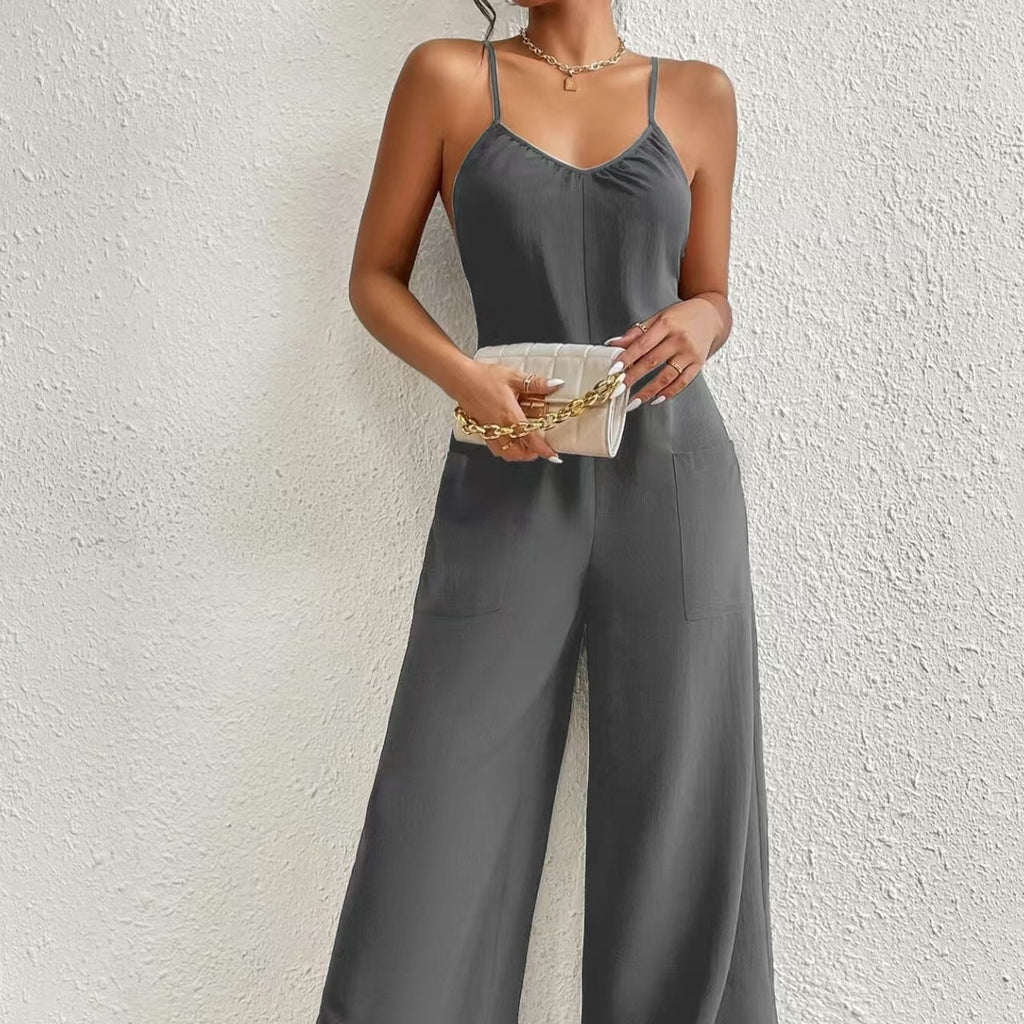 Ladies’ Solid Color Chest Pleated Design Cross Suspender Sexy Jumpsuit - 5
