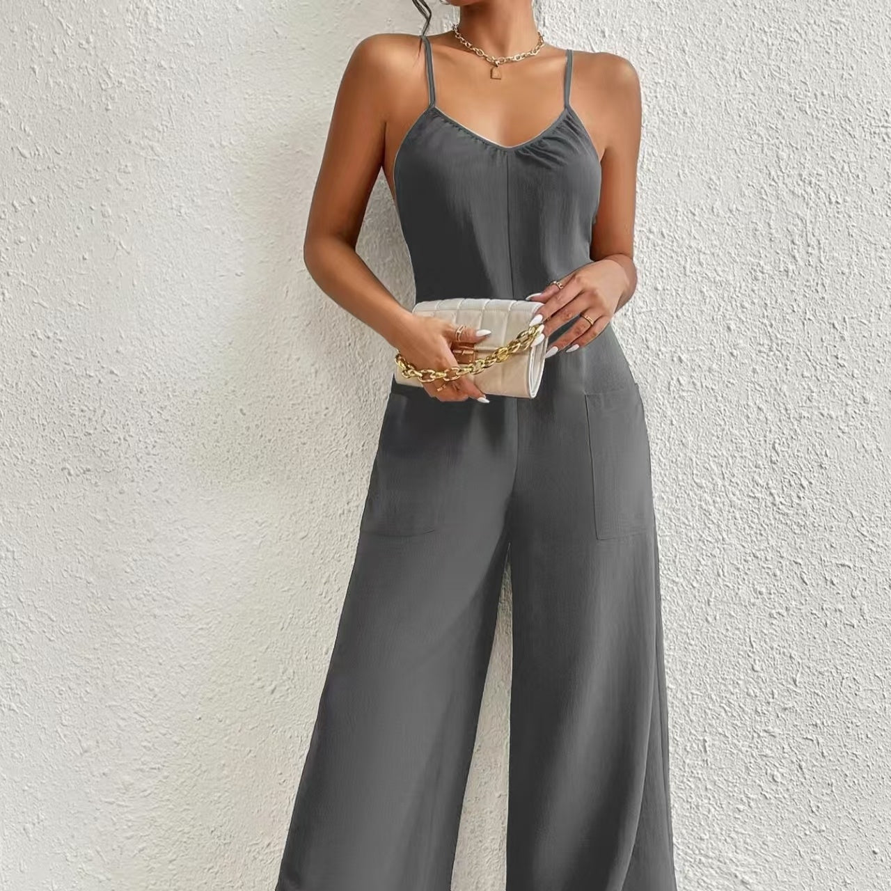 Ladies’ Solid Color Chest Pleated Design Cross Suspender Sexy Jumpsuit - 5