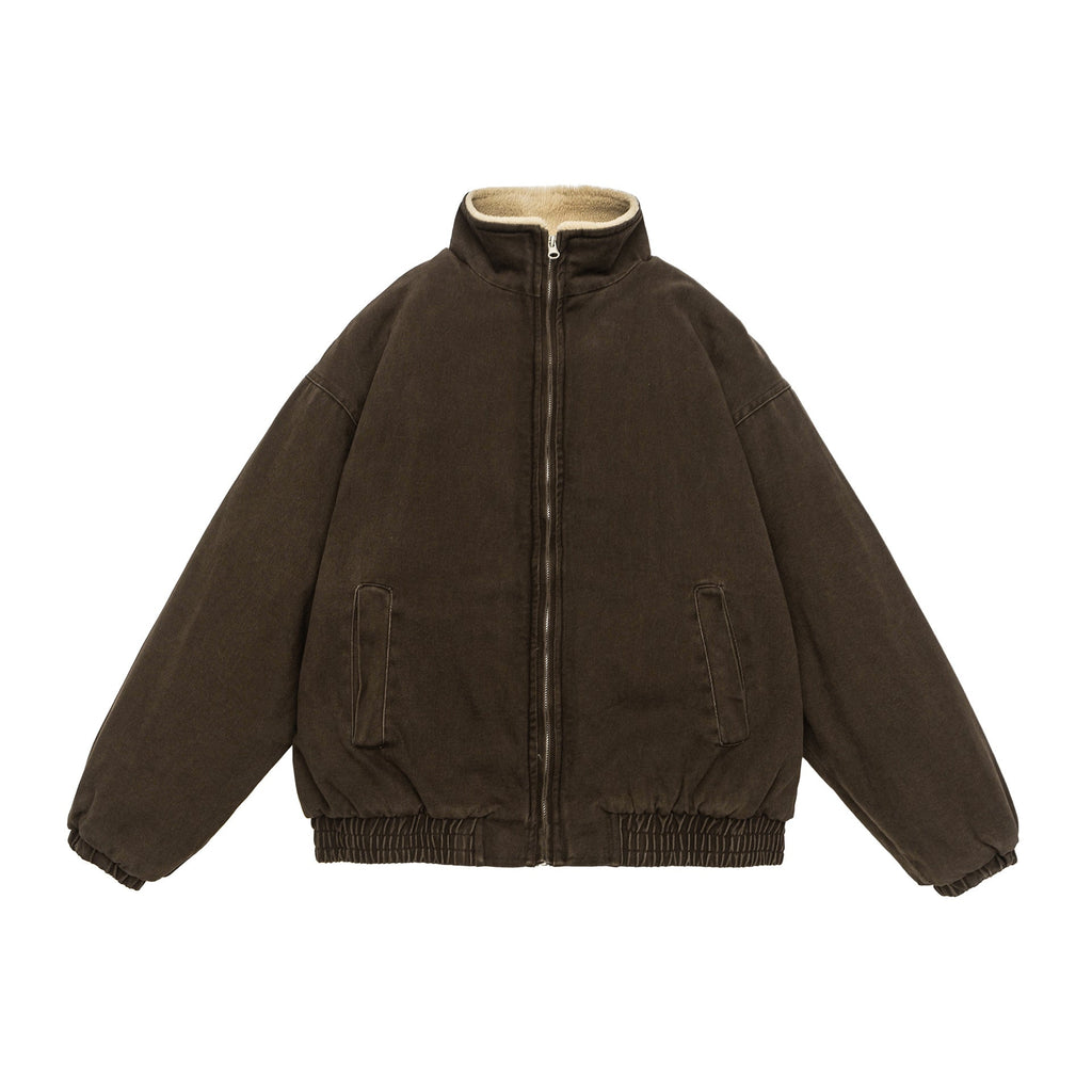 New Solid Color Lamb Wool Lining Winter Cotton Dress Men - Brown / M