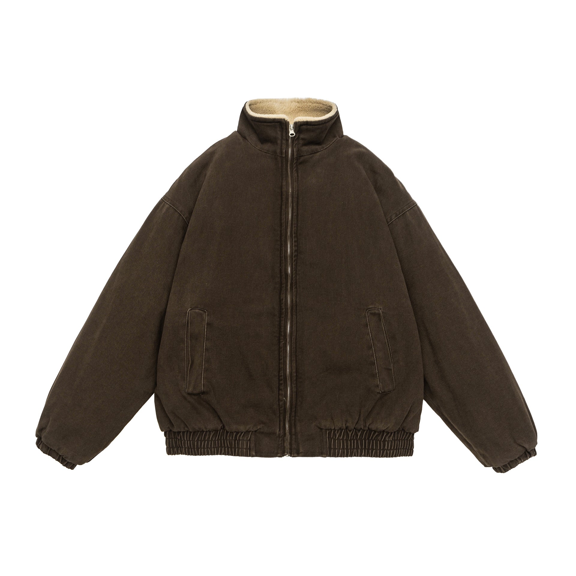 New Solid Color Lamb Wool Lining Winter Cotton Dress Men - Brown / M