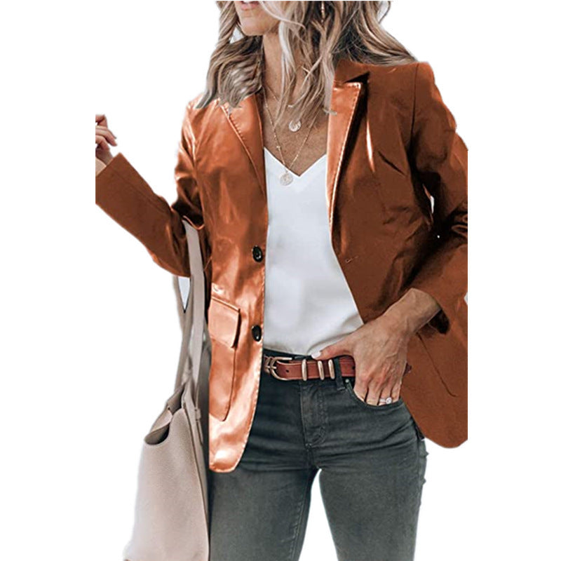 Elegant Slim-fit Lapel Single Breasted Solid Color PU Leather Long-sleeved Top - Camel / S