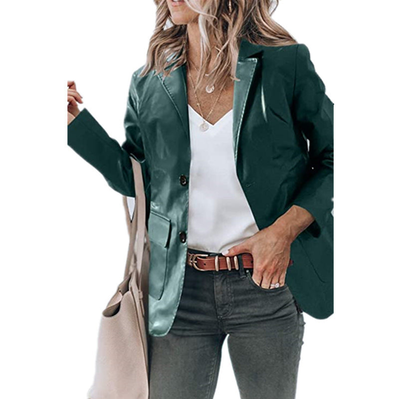 Elegant Slim-fit Lapel Single Breasted Solid Color PU Leather Long-sleeved Top - Dark Green / S