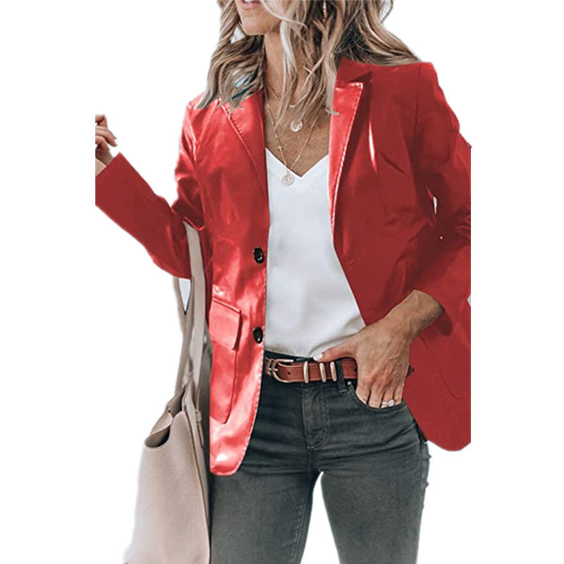 Elegant Slim-fit Lapel Single Breasted Solid Color PU Leather Long-sleeved Top - Red / S