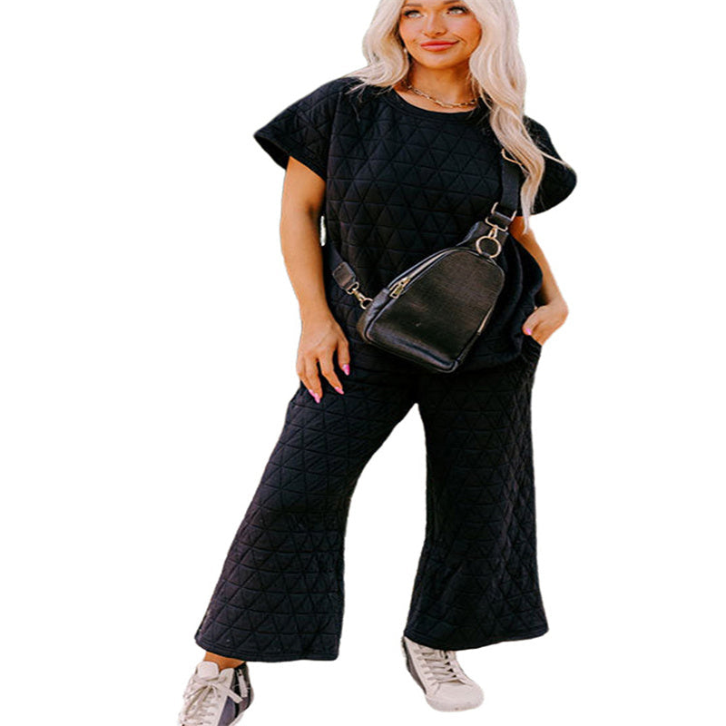 Solid Color Loose Leisure Suit Women’s Three-quarter Sleeve Cropped Wide-leg Pants Two-piece Set For Women