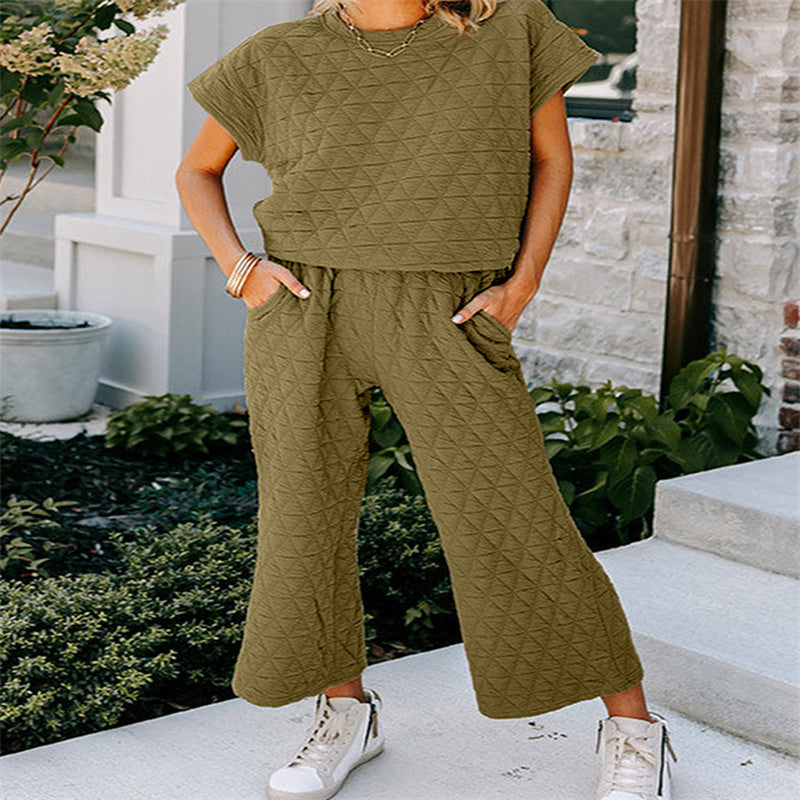 Solid Color Loose Leisure Suit Women’s Three-quarter Sleeve Cropped Wide-leg Pants Two-piece Set For Women