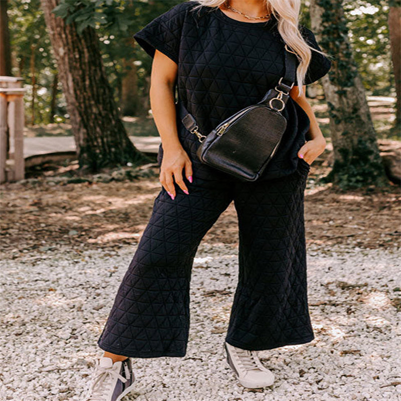 Solid Color Loose Leisure Suit Women’s Three-quarter Sleeve Cropped Wide-leg Pants Two-piece Set For Women
