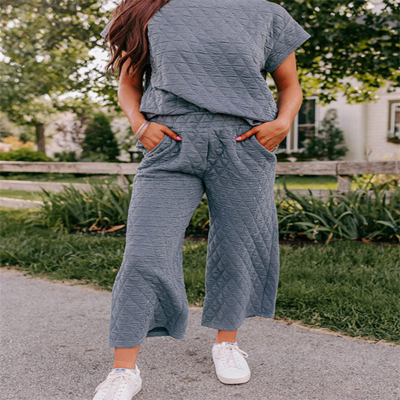 Solid Color Loose Leisure Suit Women’s Three-quarter Sleeve Cropped Wide-leg Pants Two-piece Set For Women