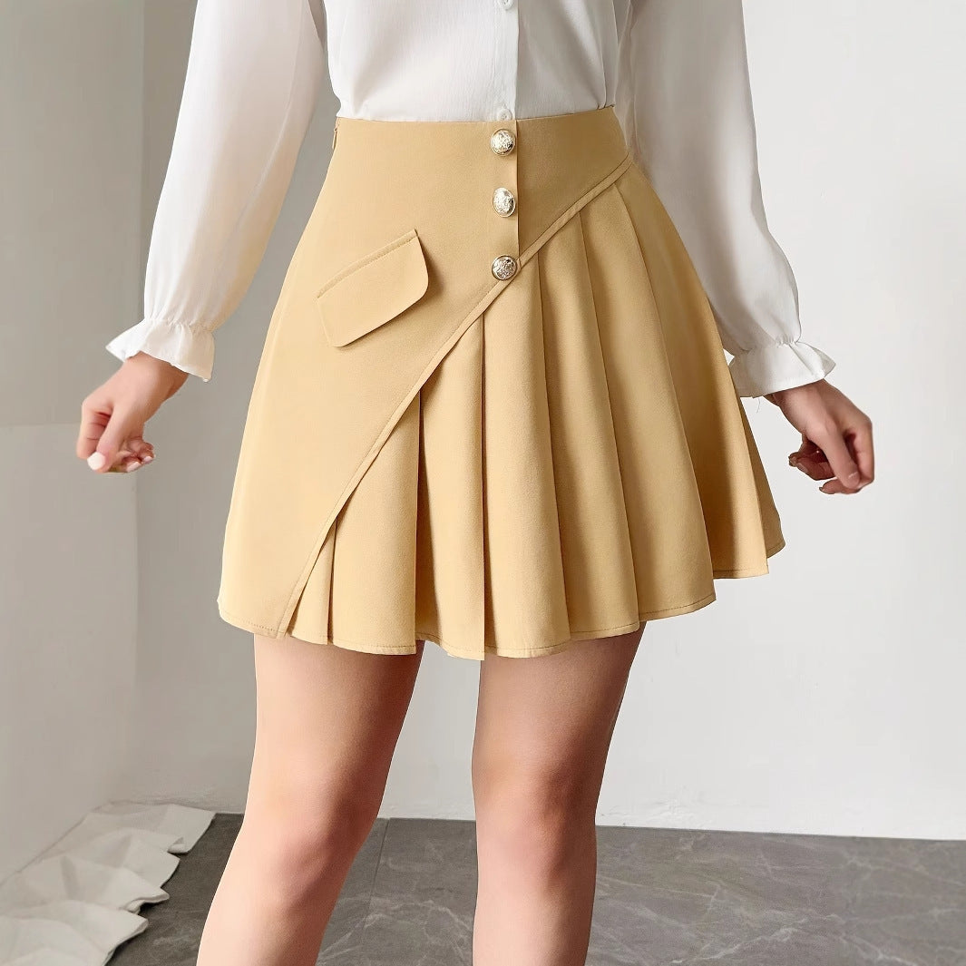Solid Color Pleated Front Button Design Women’s Temperament Commuting A-line Skirt - Khaki / S - 4