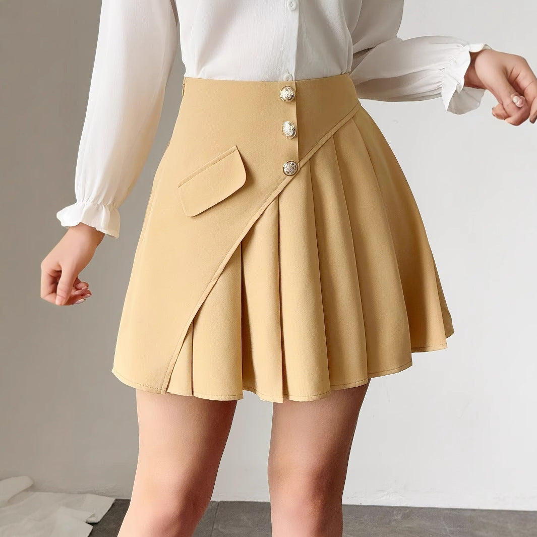 Solid Color Pleated Front Button Design Women’s Temperament Commuting A-line Skirt - 4