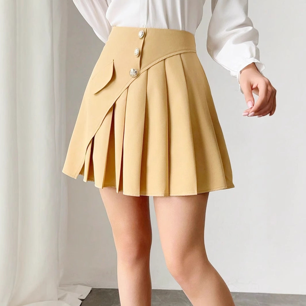 Solid Color Pleated Front Button Design Women’s Temperament Commuting A-line Skirt - 4
