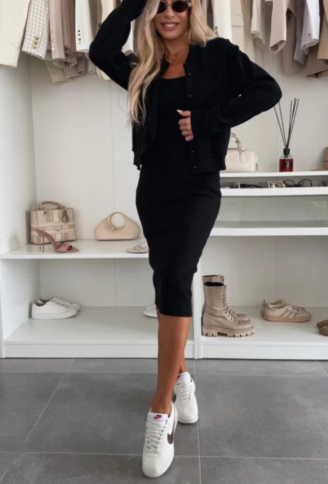 Solid Color Sling Dress Cardigan Outerwear Top Long Skirt Two-piece Set - Black / S