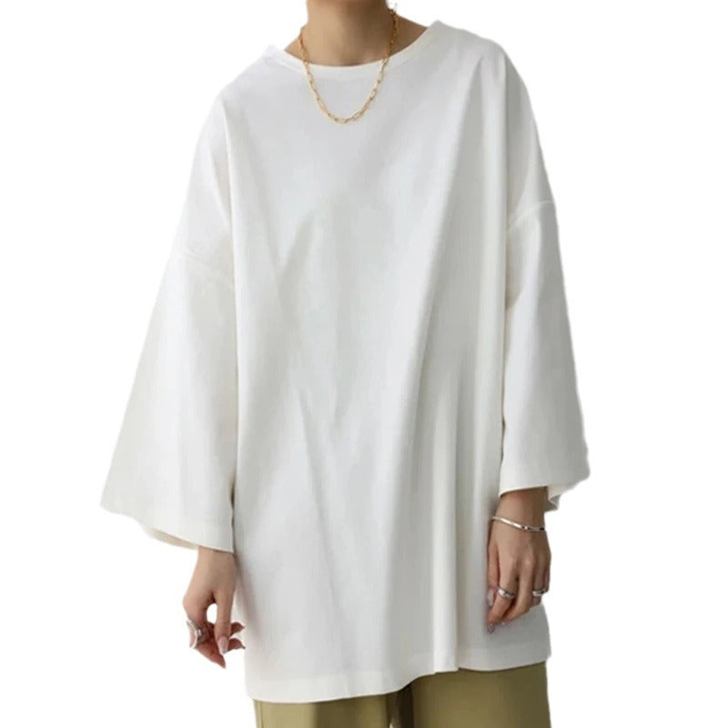 Women’s Spring And Summer Solid Color Crew Neck Split Long Sleeve Loose Top