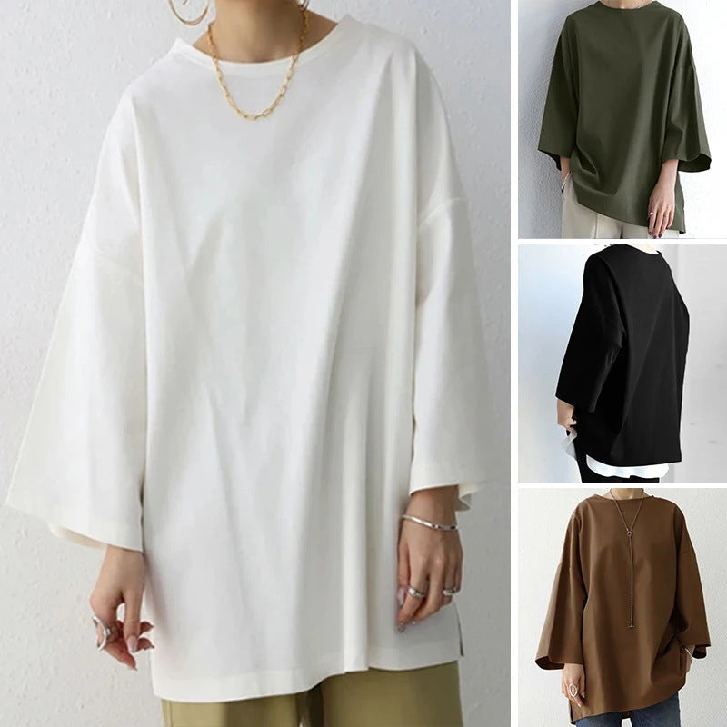 Women’s Spring And Summer Solid Color Crew Neck Split Long Sleeve Loose Top