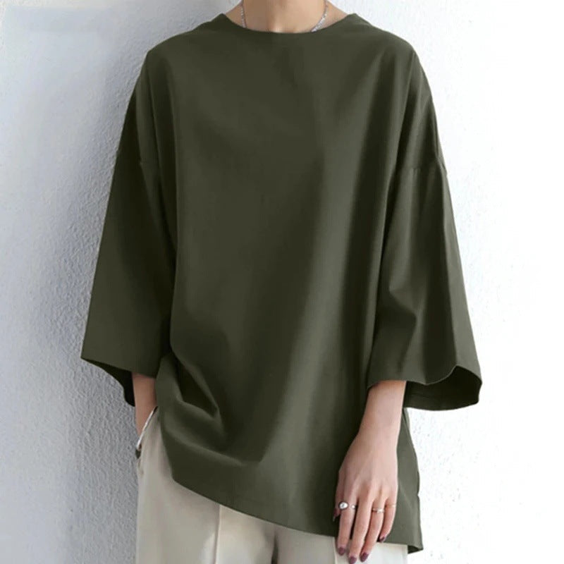 Women’s Spring And Summer Solid Color Crew Neck Split Long Sleeve Loose Top - Army Green / S
