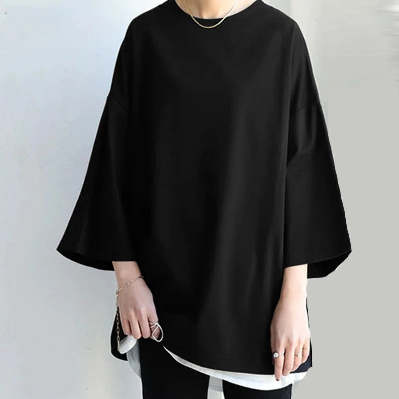 Women’s Spring And Summer Solid Color Crew Neck Split Long Sleeve Loose Top - Black / S