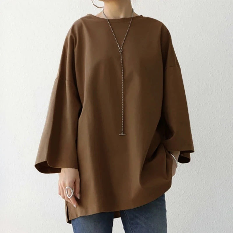 Women’s Spring And Summer Solid Color Crew Neck Split Long Sleeve Loose Top - Brown / S