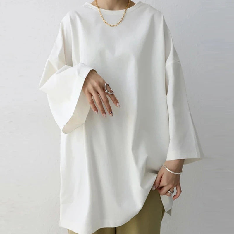 Women’s Spring And Summer Solid Color Crew Neck Split Long Sleeve Loose Top - White / S