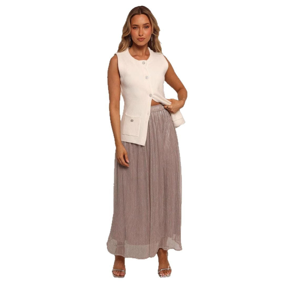 Solid Color Streamer Yarn Skirt Women’s Summer High Waist Slimming A- Line Bright Silk Skirt French Style
