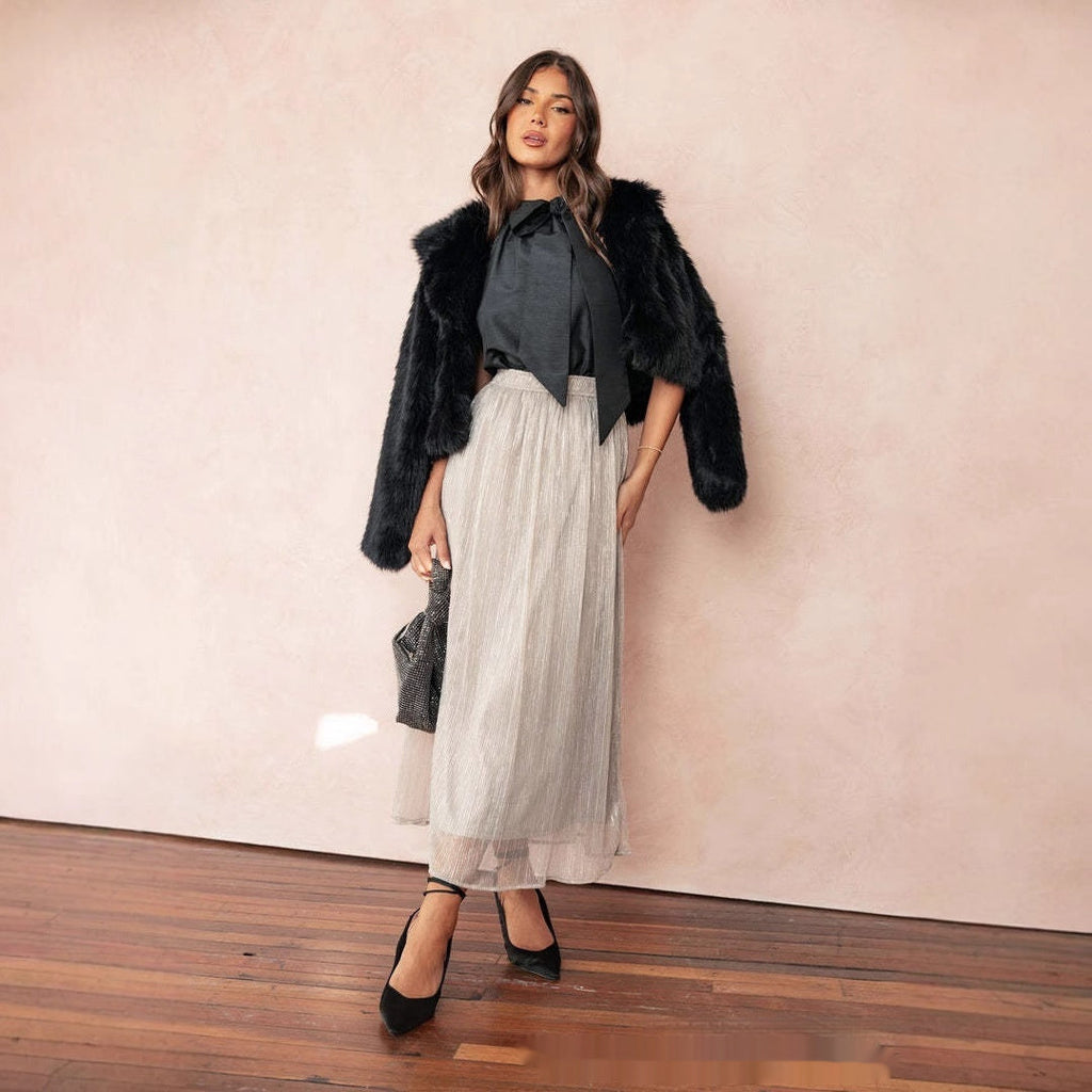 Solid Color Streamer Yarn Skirt Women’s Summer High Waist Slimming A- Line Bright Silk Skirt French Style
