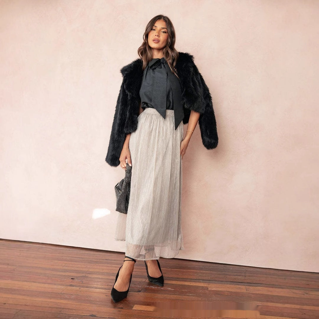 Solid Color Streamer Yarn Skirt Women’s Summer High Waist Slimming A- Line Bright Silk Skirt French Style