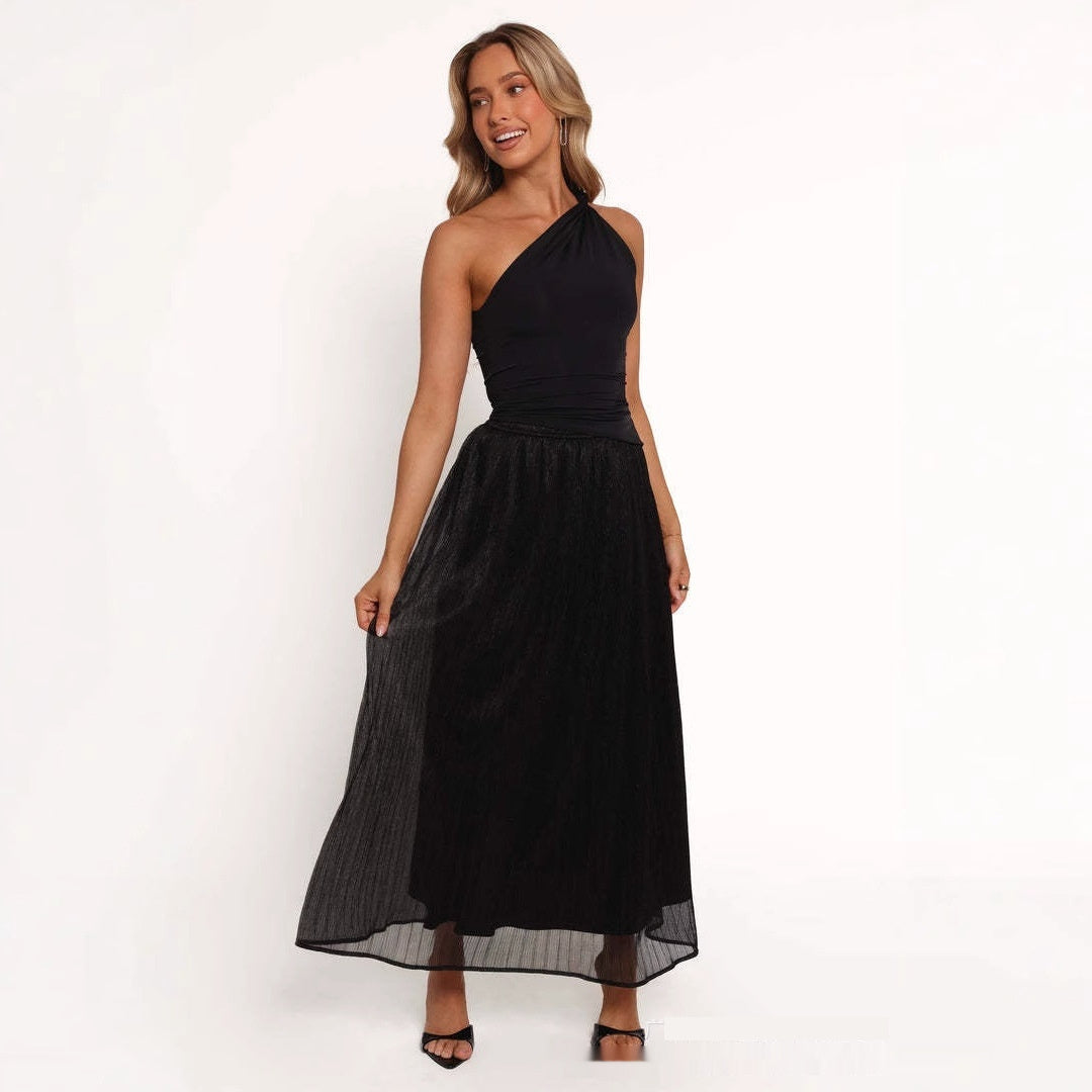 Solid Color Streamer Yarn Skirt Women’s Summer High Waist Slimming A- Line Bright Silk Skirt French Style