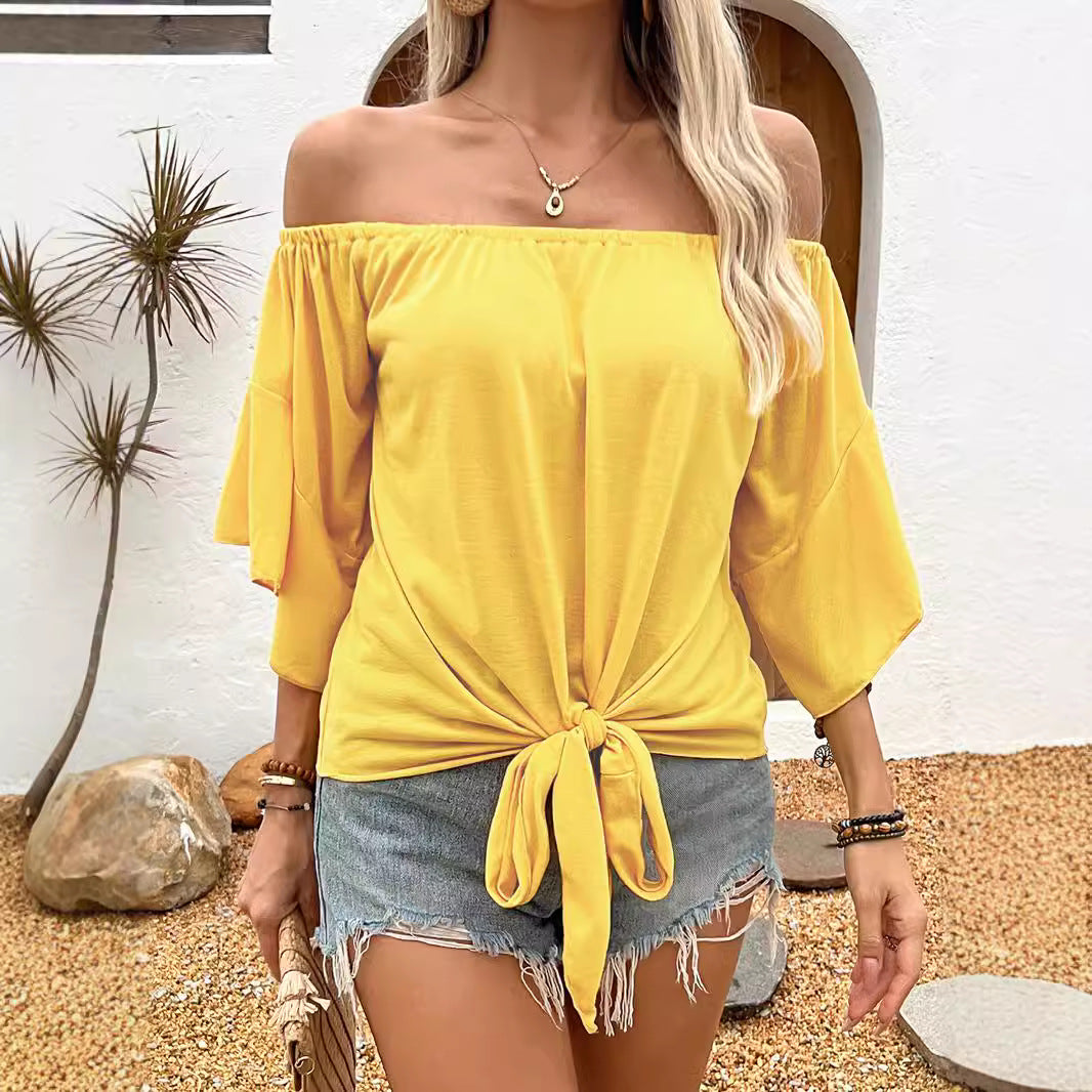 Summer Fall Women’s Clothing Solid Color Off-shoulder Casual T-shirt Top
