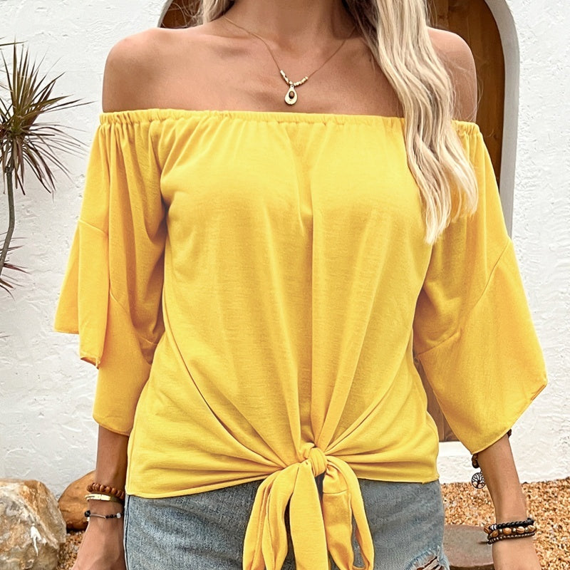 Summer Fall Women’s Clothing Solid Color Off-shoulder Casual T-shirt Top