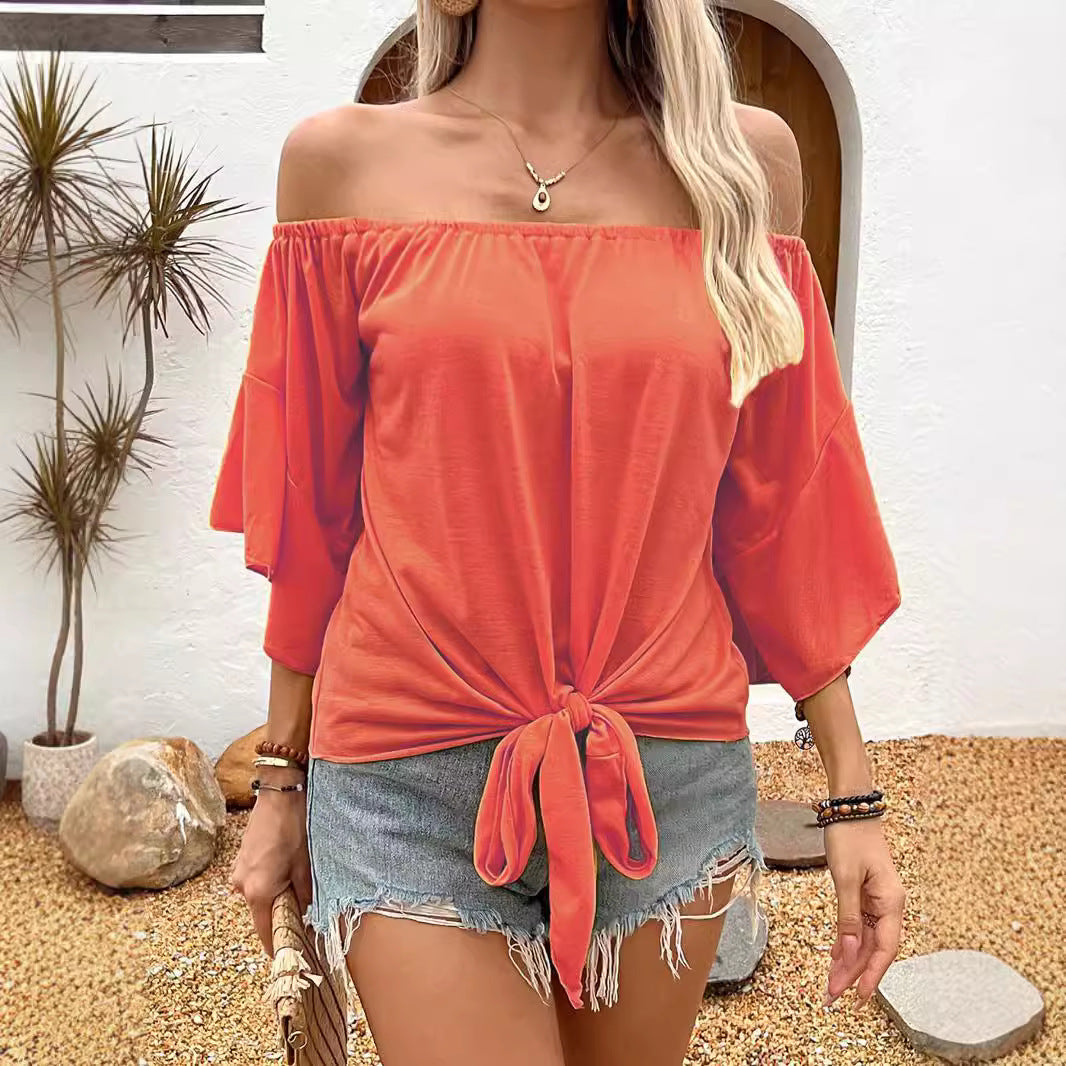 Summer Fall Women’s Clothing Solid Color Off-shoulder Casual T-shirt Top
