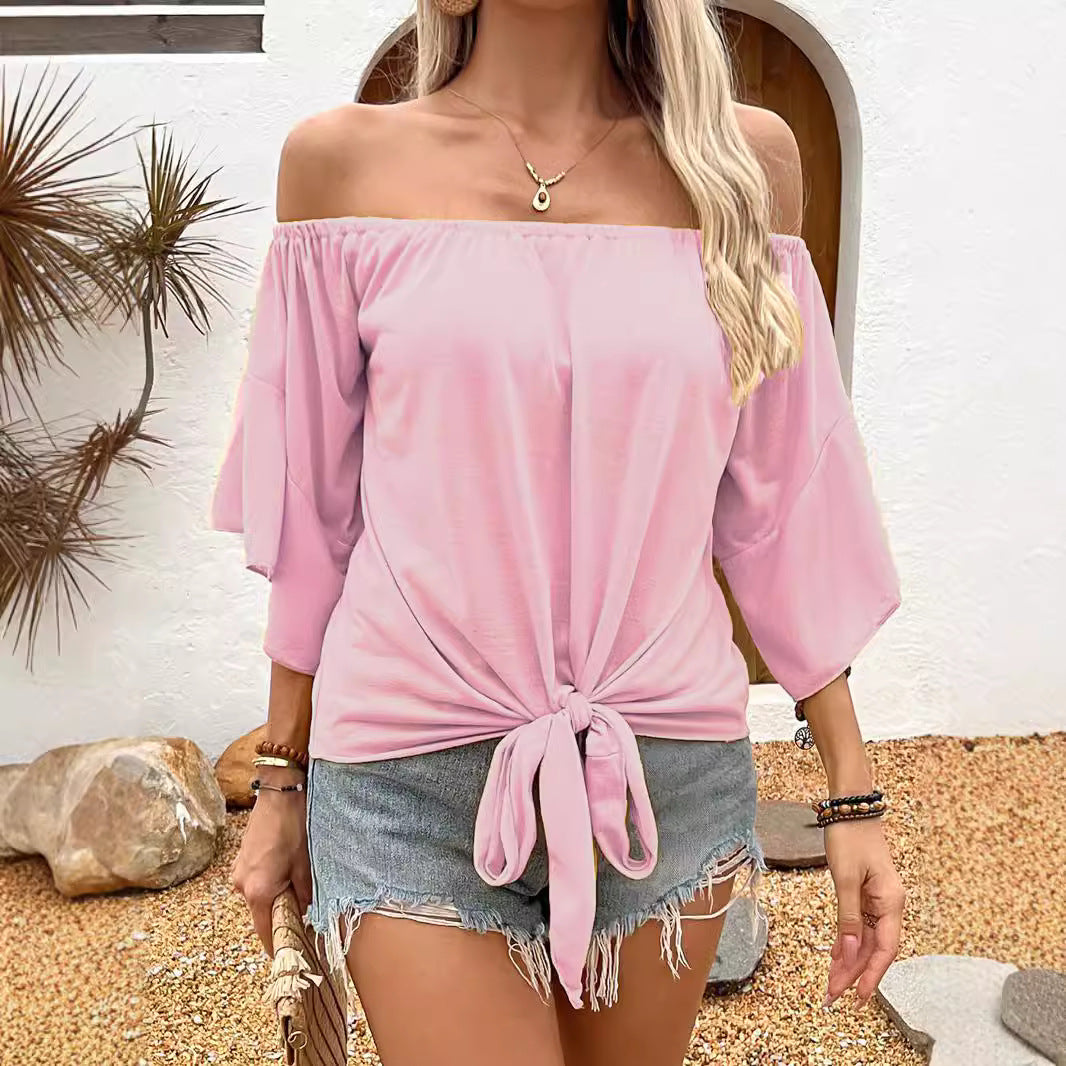 Summer Fall Women’s Clothing Solid Color Off-shoulder Casual T-shirt Top