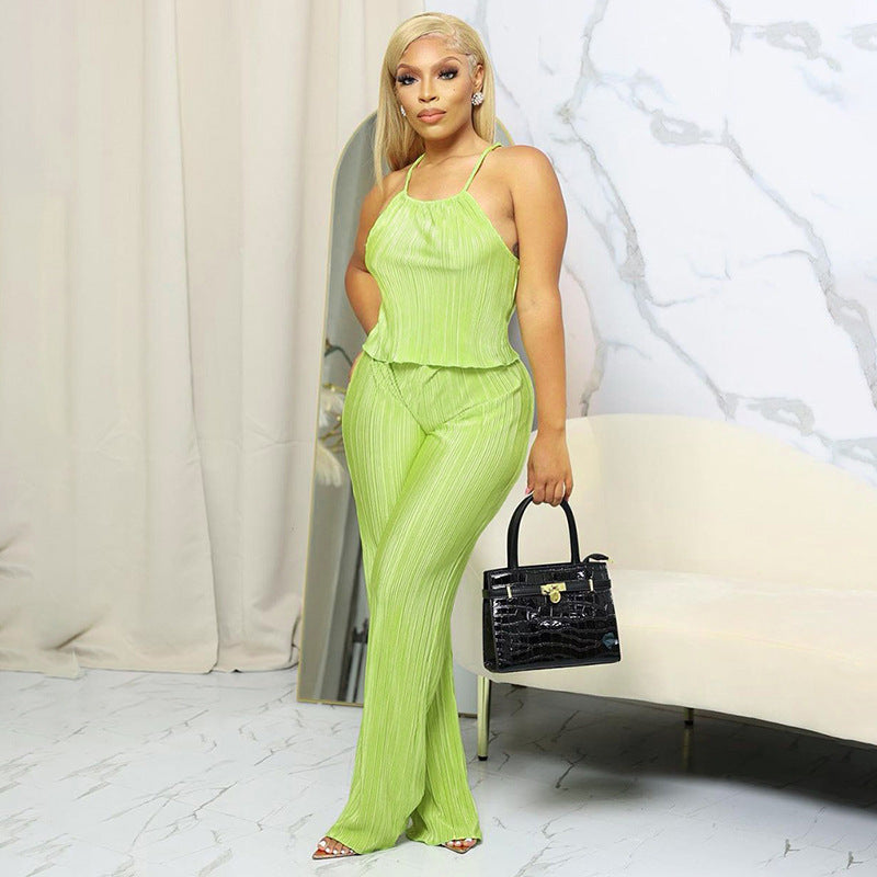 Summer New Pleated Solid Color Sling Top Wide Leg Trousers Casual Suit - Green / S